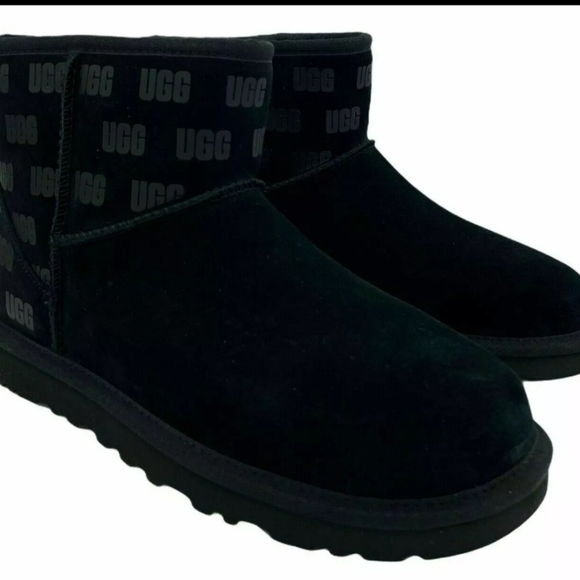 NEW UGG MEN\'S CLASSIC MINI II UGG PRINT LOGO BLACK SUEDE SHEEPSKIN BOOTS Size 10 main image 6